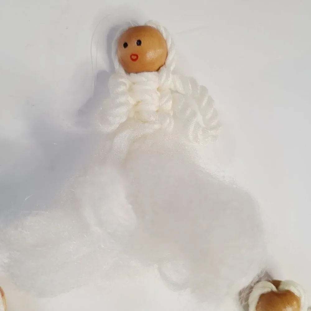 Vintage Macrame Wood Fluffy Angel Ornament Lot of 6